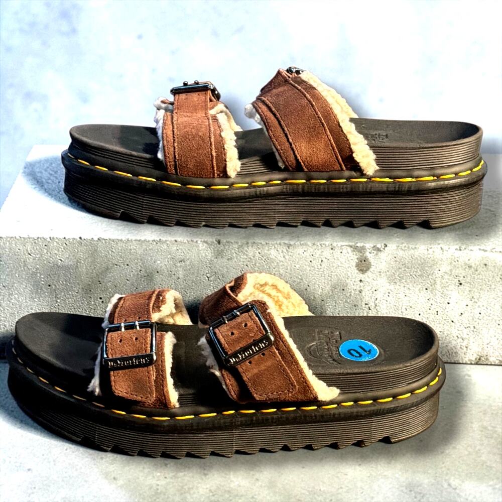 Women's 10 Men's 9 DR. MARTENS "Myles" Brown Suede Fur Lined Sandals EUC